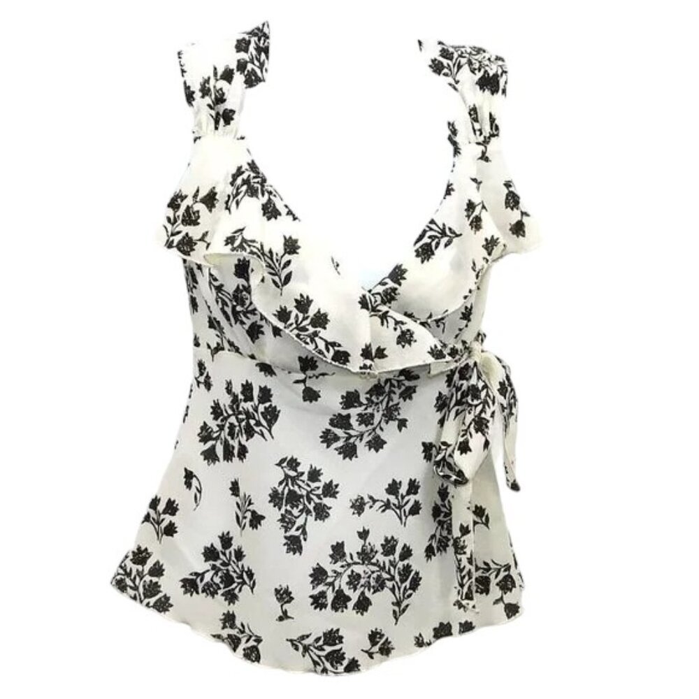 Bandolino Faux Wrap Cream/Black Floral Sleeveless Top